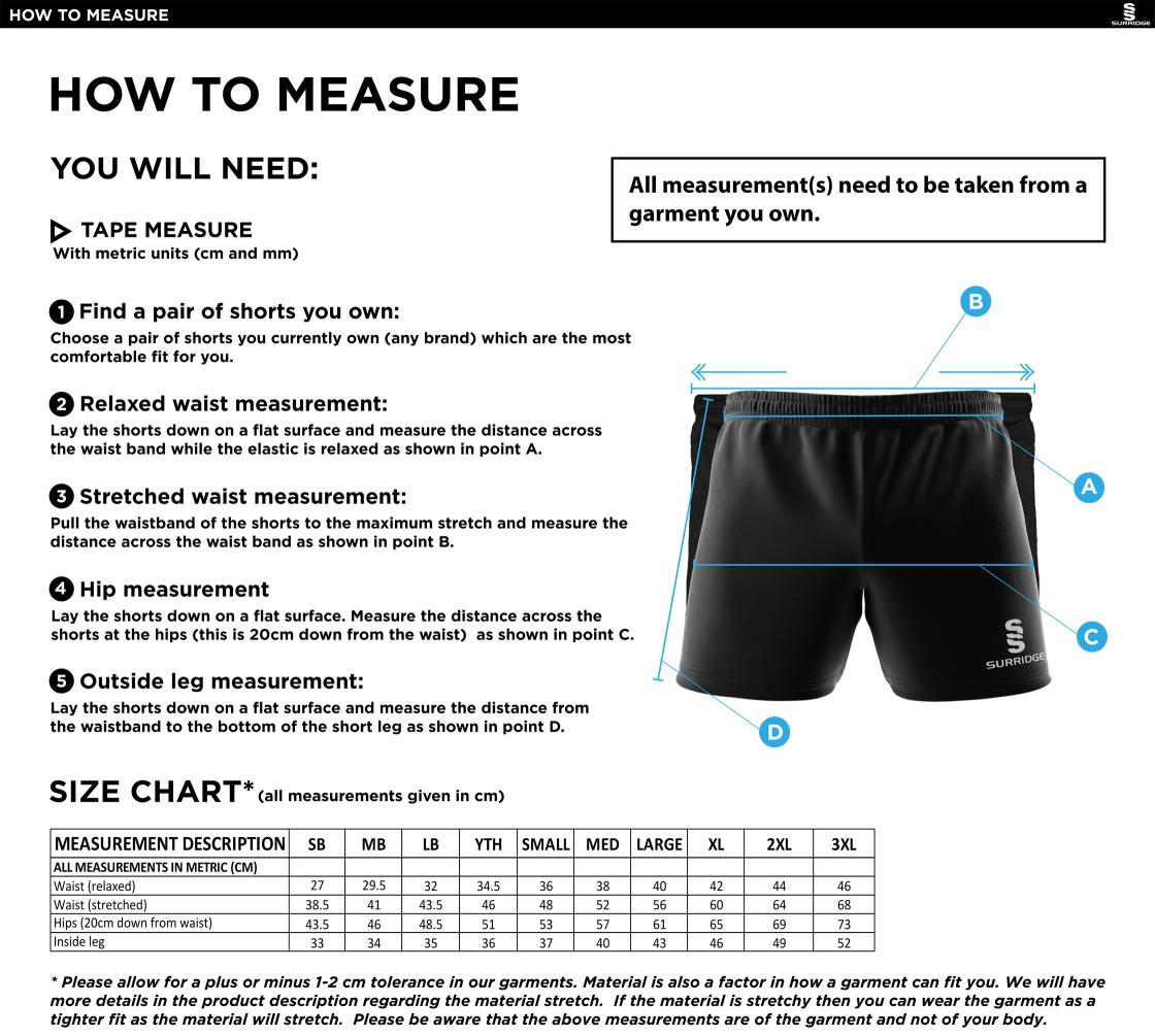 Bar Hill CC - Performance Gym Short - Size Guide