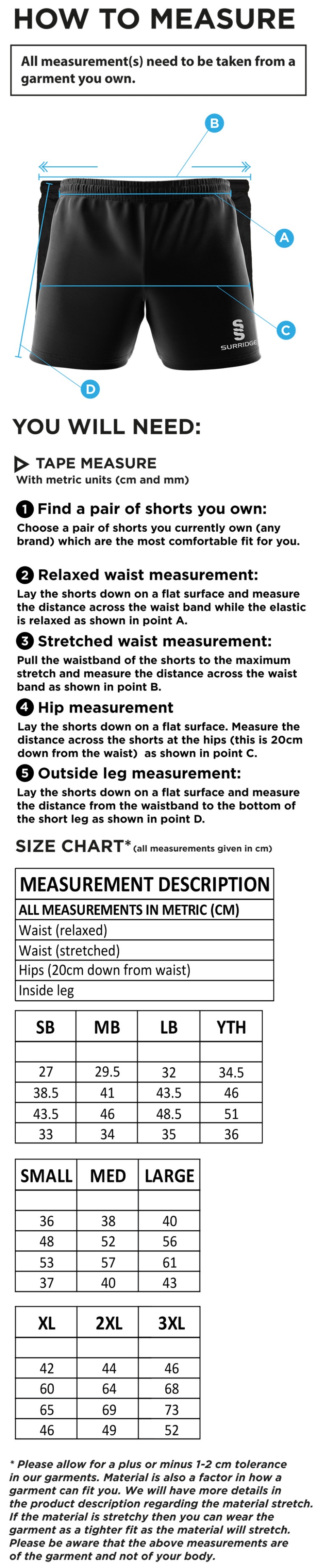 Bar Hill CC - Performance Gym Short - Size Guide