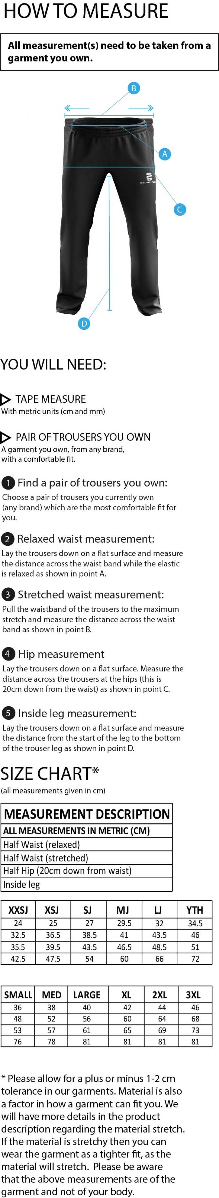 Bar Hill CC - Dual Poplin Track Pant with Lyrcra - Size Guide