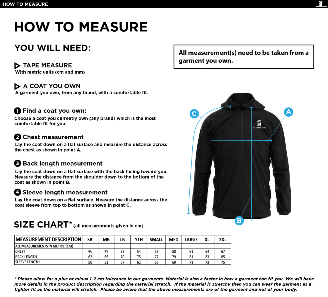 Bar Hill CC - Dual Elite 1/4 Zip Hoody / Rain Jacket - Size Guide