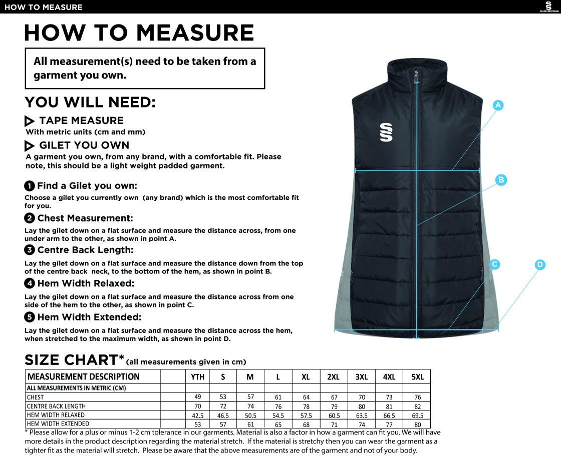 Bar Hill CC - Active Gilet - Size Guide