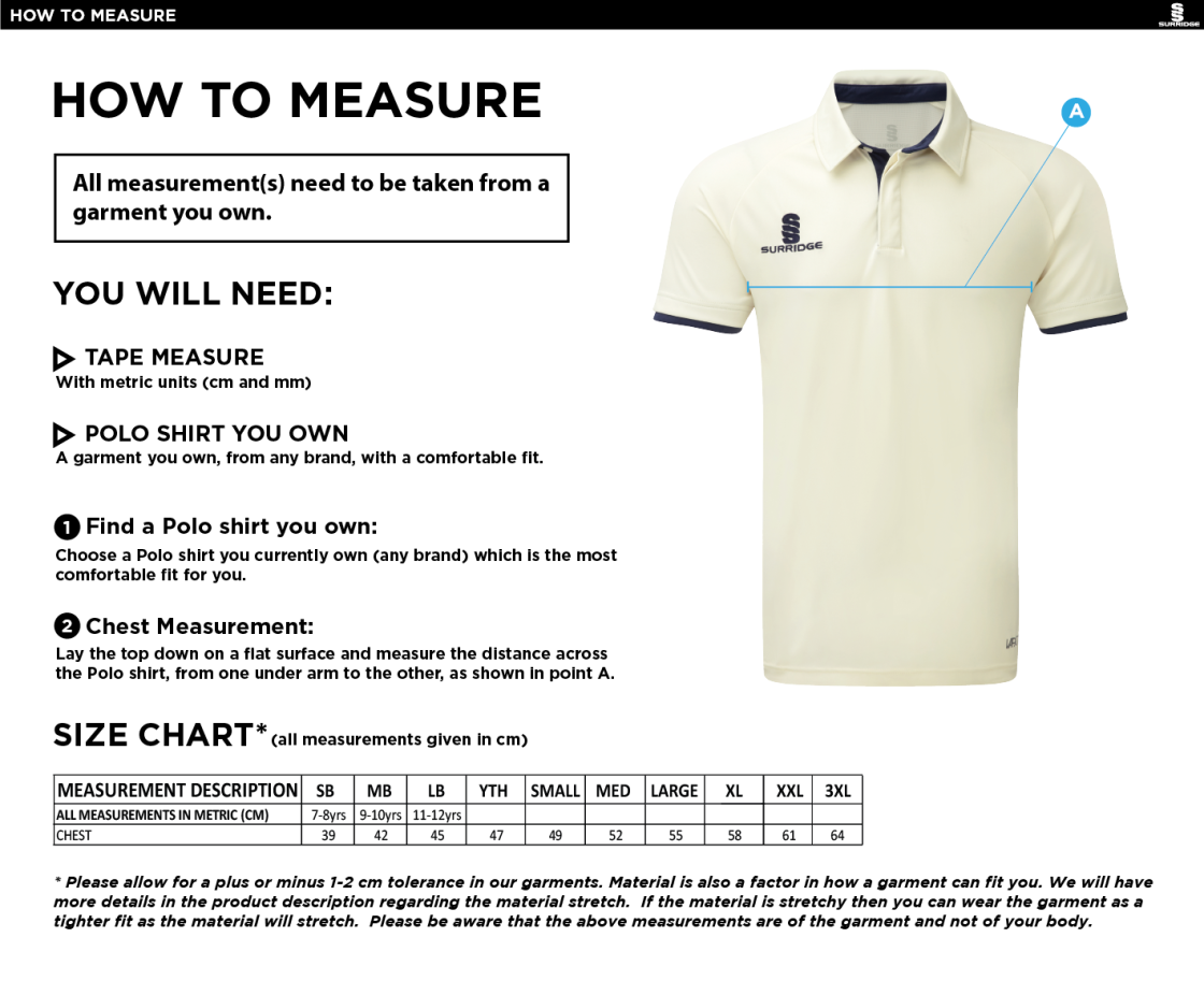 Bar Hill CC - Ergo Cricket Shirt - Short Sleeve : Maroon Trim - Size Guide