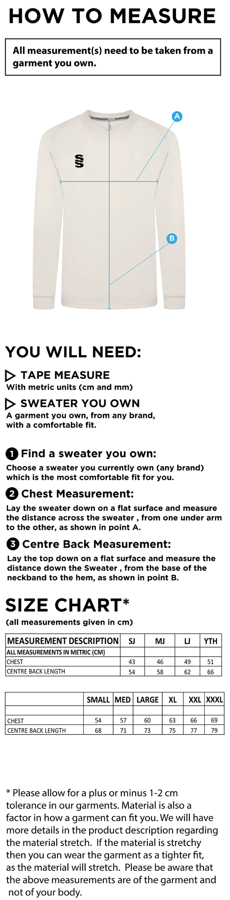 Bar Hill CC - Blast Long Sleeve Cricket Sweater - Size Guide