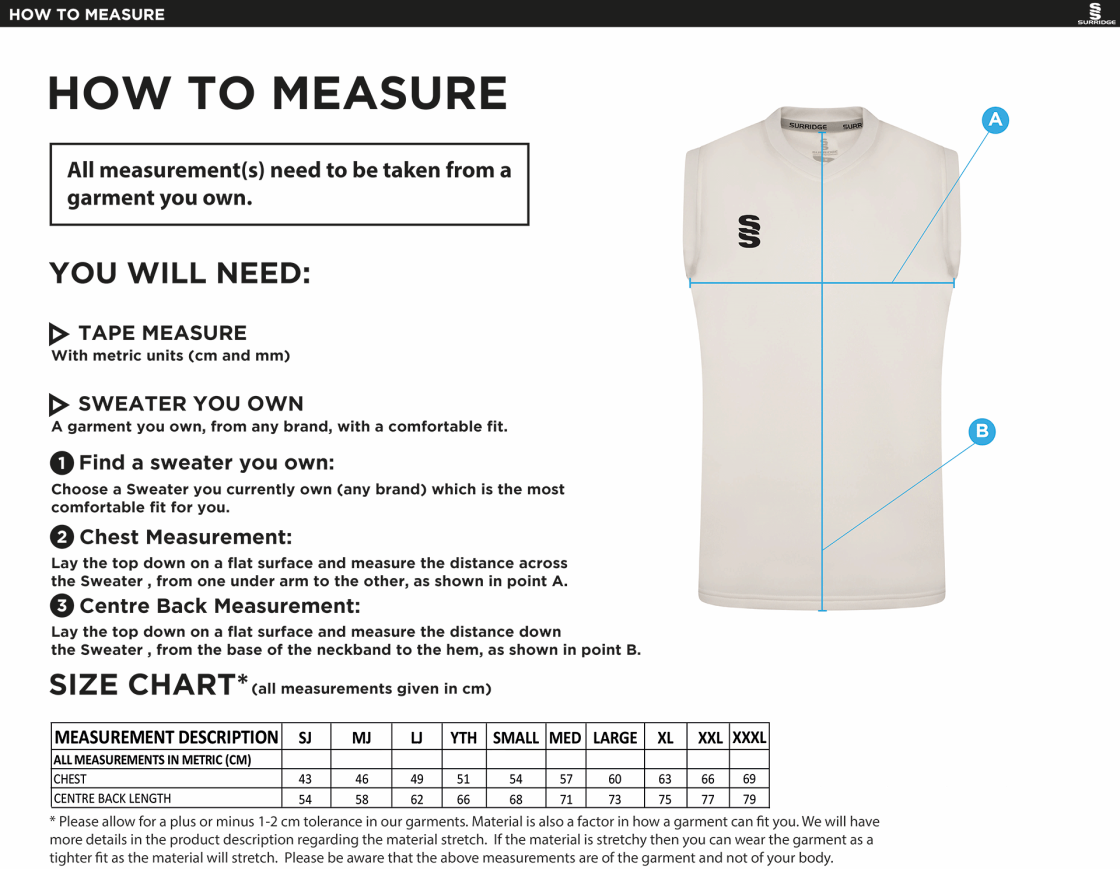 Bar Hill CC - Blast Sleeveless Cricket Sweater - Size Guide