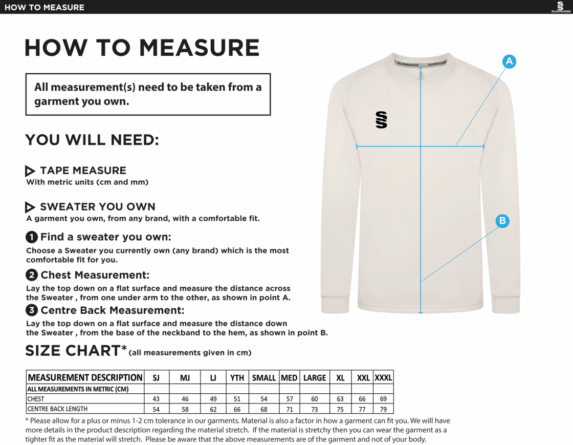 Bar Hill CC - Blast Long Sleeve Cricket Sweater - Size Guide