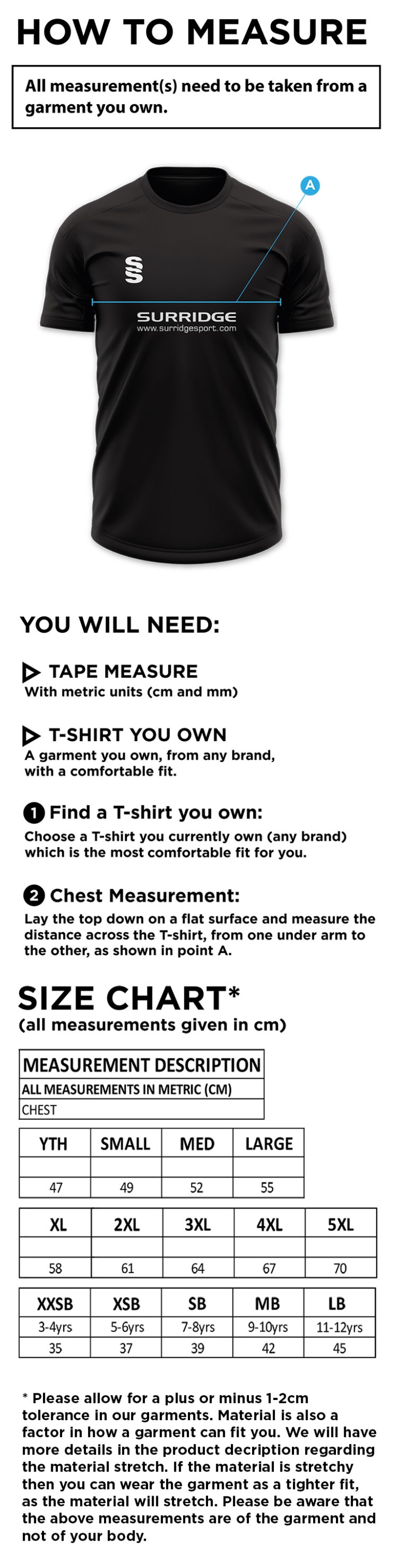 Bar Hill CC - Dual Games Shirt - Size Guide