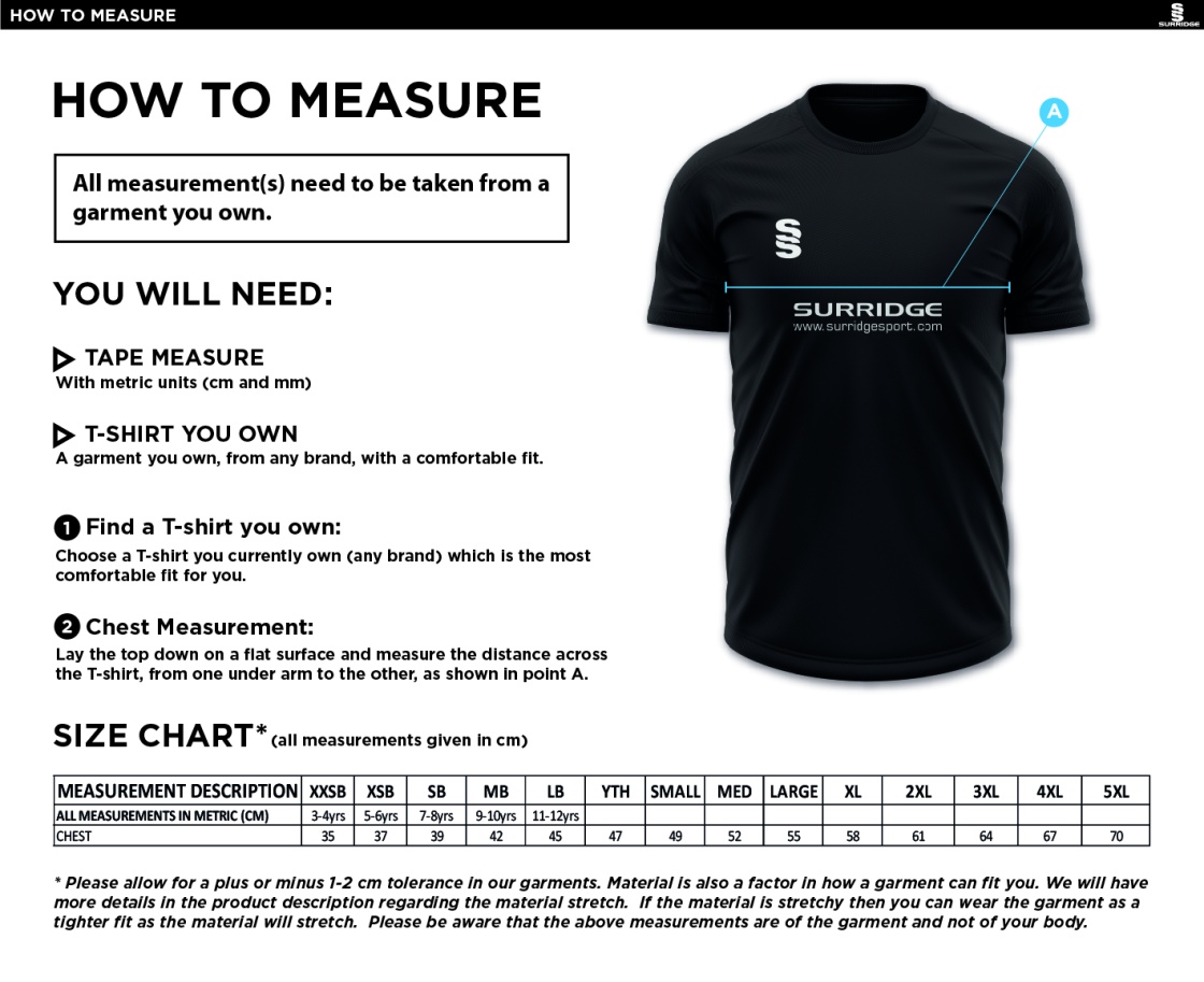 Bar Hill CC - Dual Games Shirt - Size Guide