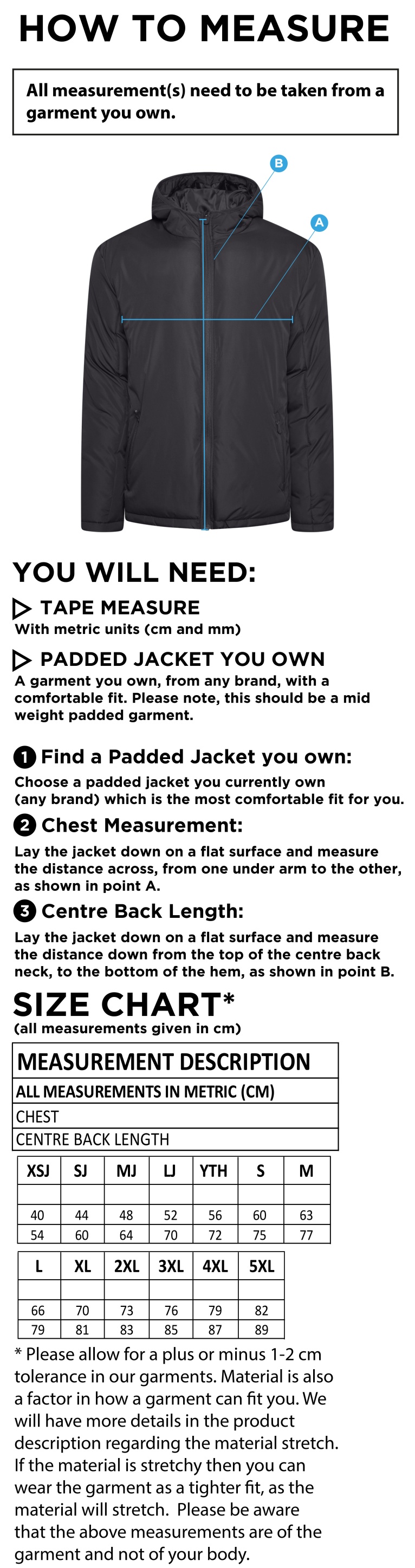 Bar Hill CC - Active Padded Jacket - Size Guide