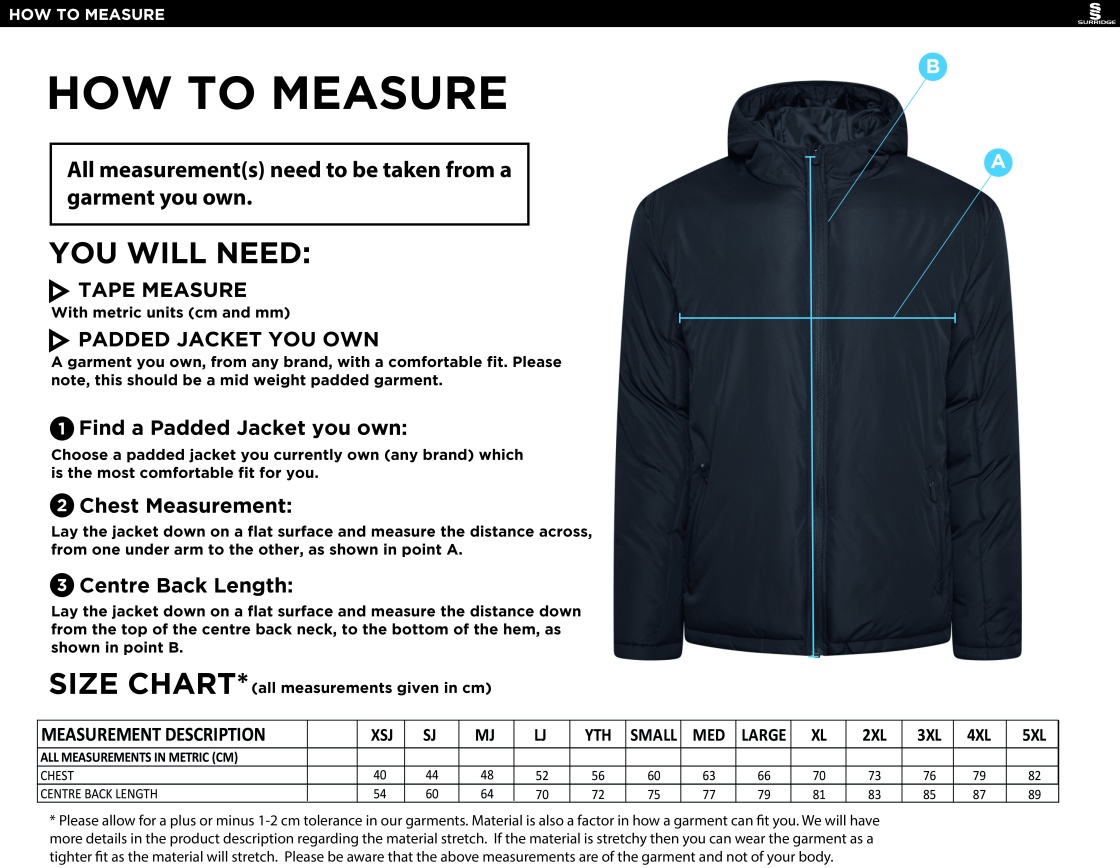 Bar Hill CC - Active Padded Jacket - Size Guide
