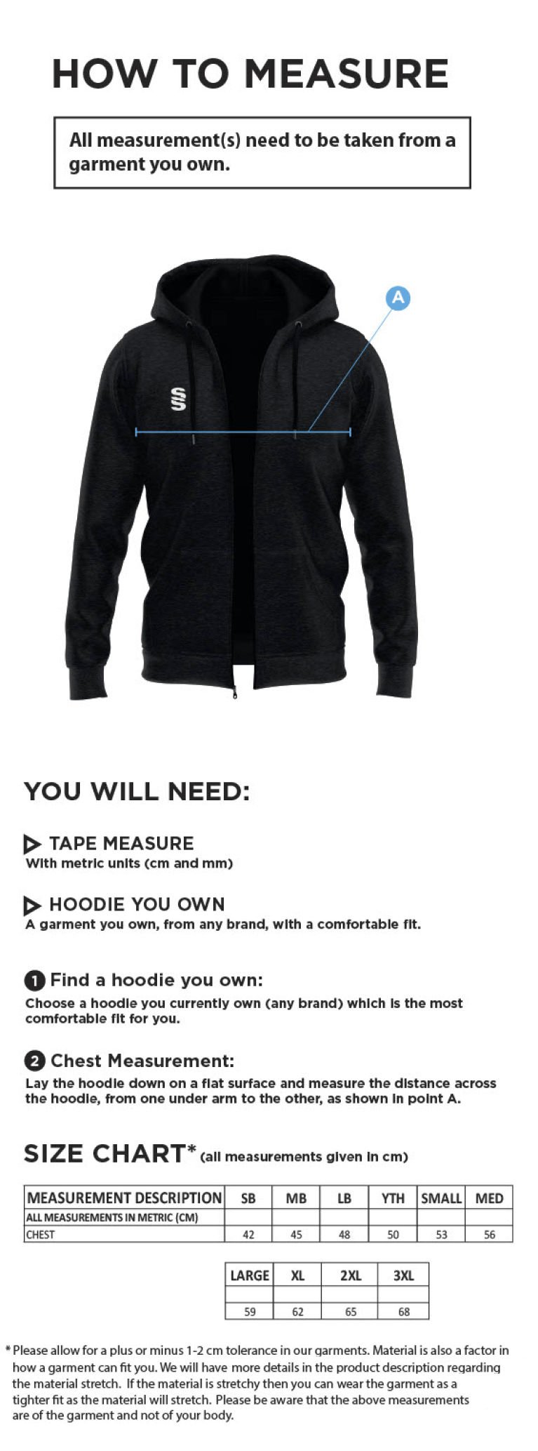 Bar Hill CC - Dual Full Zip Hoody - Size Guide