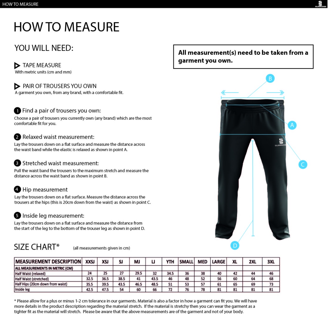 Bar Hill CC - Dual Poplin Track Pant with Lyrcra - Size Guide