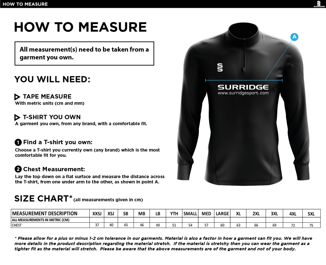Bar Hill CC - 1/4 Zip Dual Performance Top - Size Guide