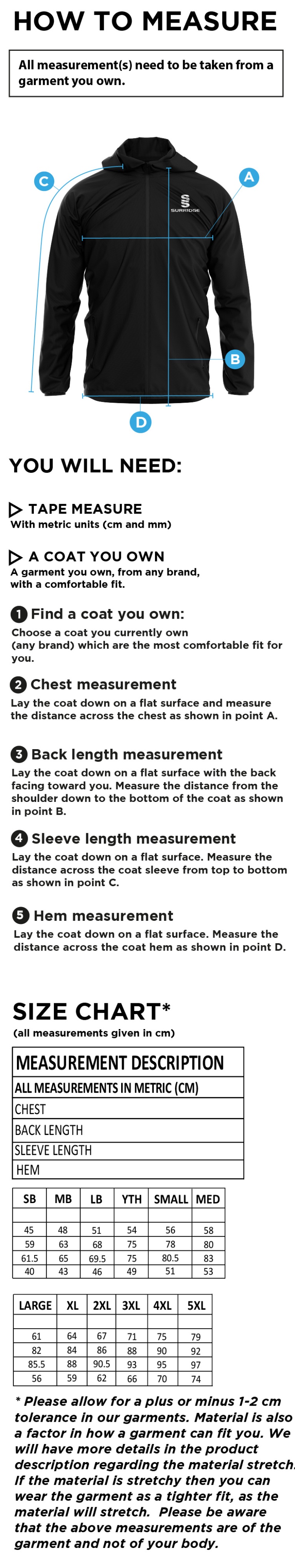 Bar Hill CC - Dual Full Zip Training Jacket - Size Guide