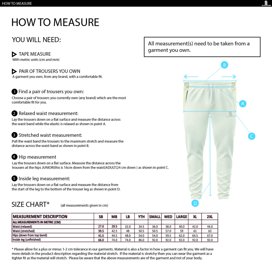 Bar Hill CC - Ergo Playing Pant - Size Guide