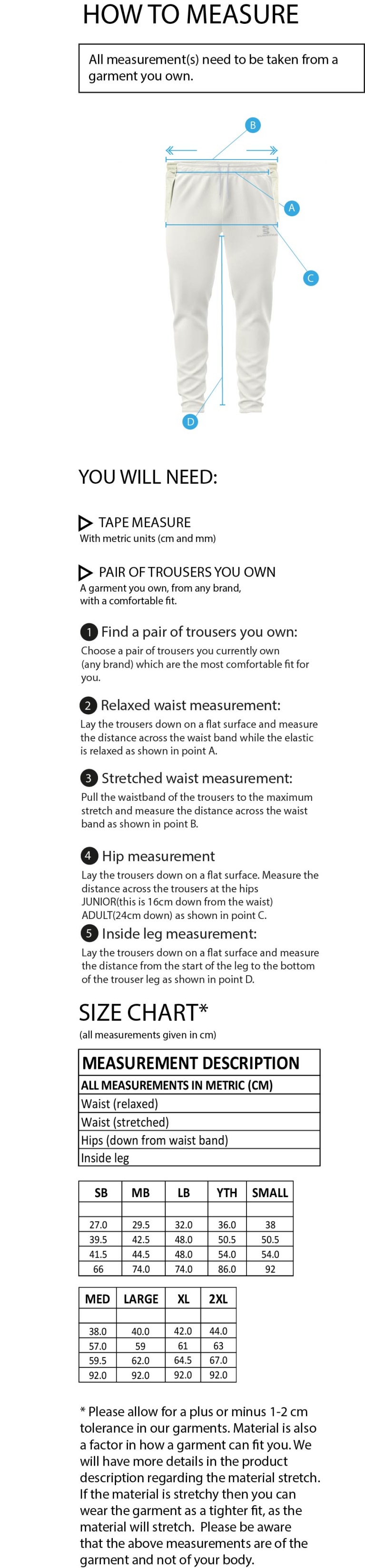 Bar Hill CC - Blade Playing Pant : Maroon - Size Guide