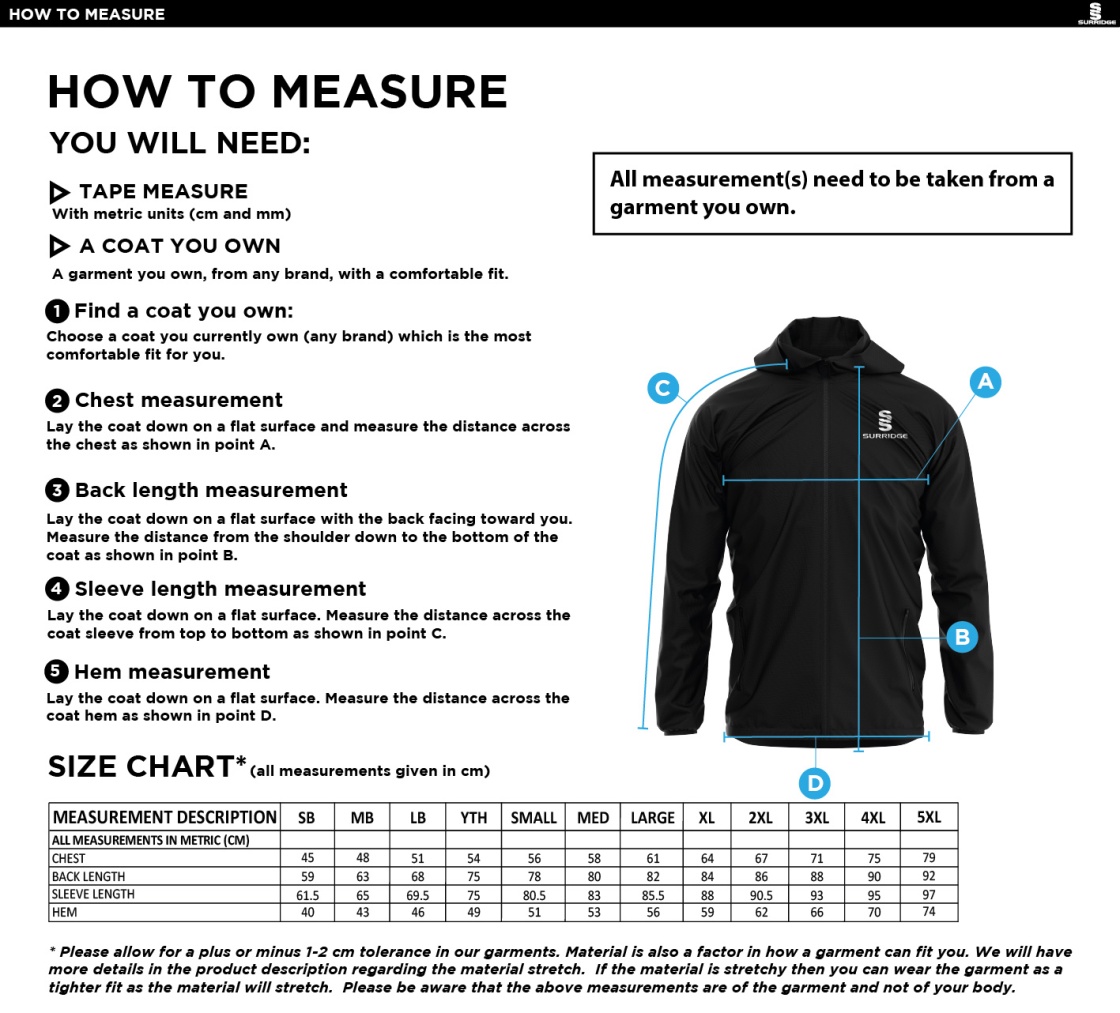 Bar Hill CC - Dual Full Zip Training Jacket - Size Guide
