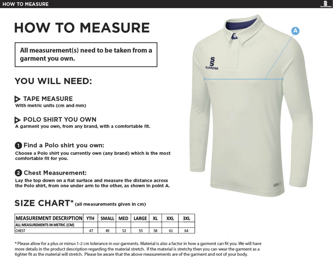 Bar Hill CC - Ergo Long Sleeve Cricket Shirt Maroon - Size Guide