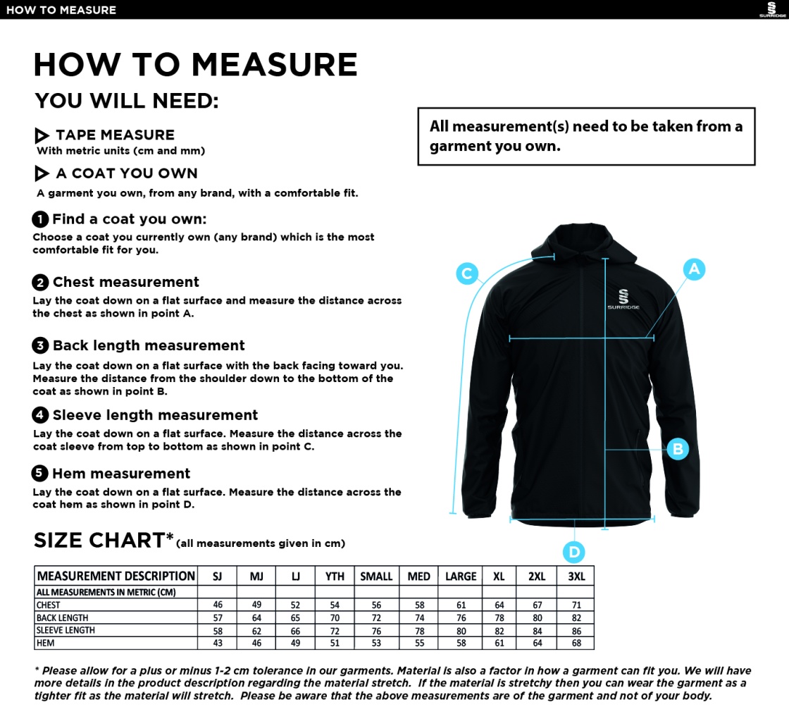 Bar Hill CC - Dual Elite 1/4 Zip Hoody / Rain Jacket - Size Guide