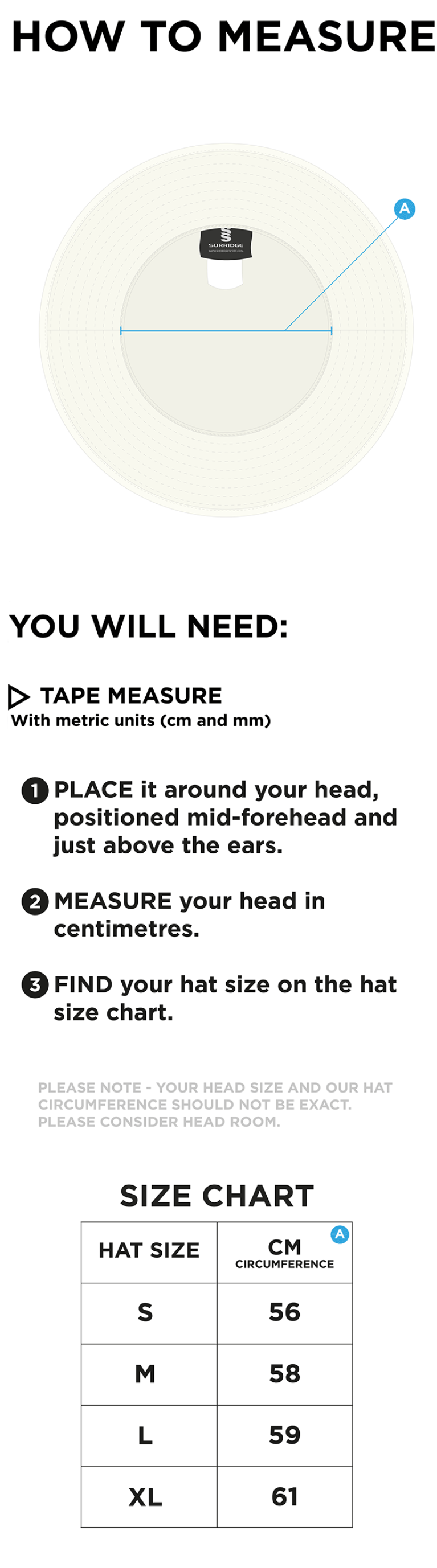 Bar Hill CC - Floppy Sun Hat - Size Guide