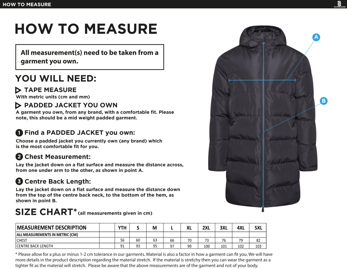 Bar Hill CC - Active Long Padded Jacket - Size Guide