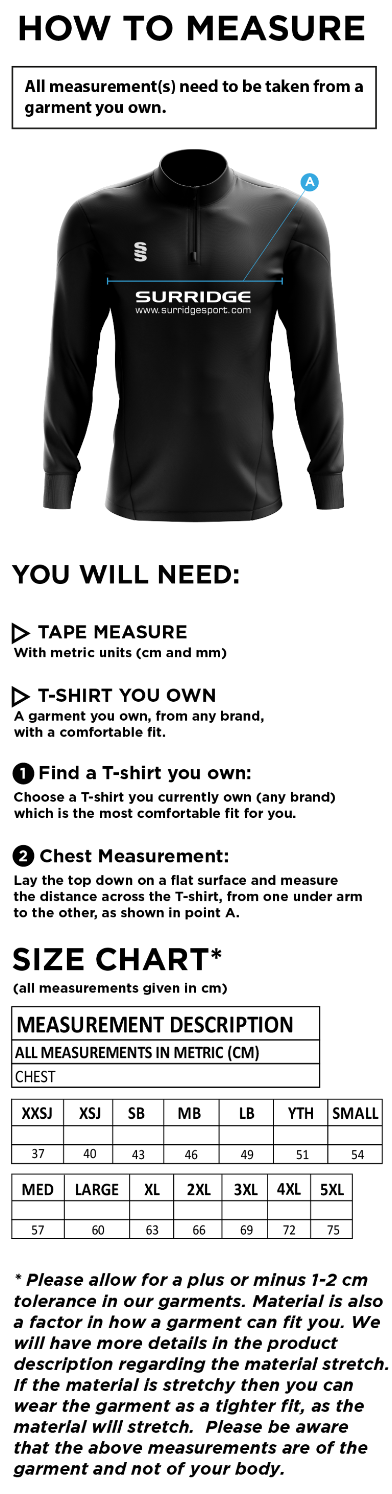 Bar Hill CC - 1/4 Zip Dual Performance Top - Size Guide