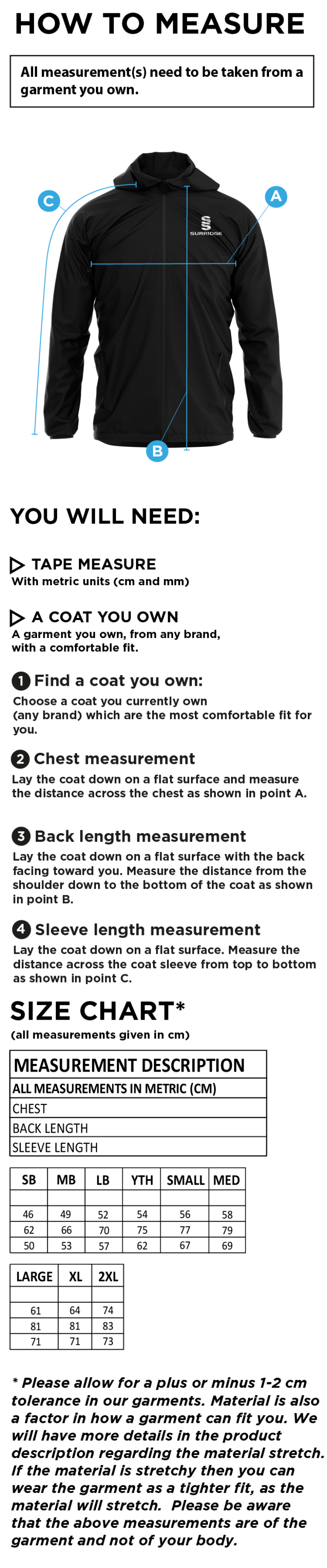 Bar Hill CC - Dual Elite 1/4 Zip Hoody / Rain Jacket - Size Guide