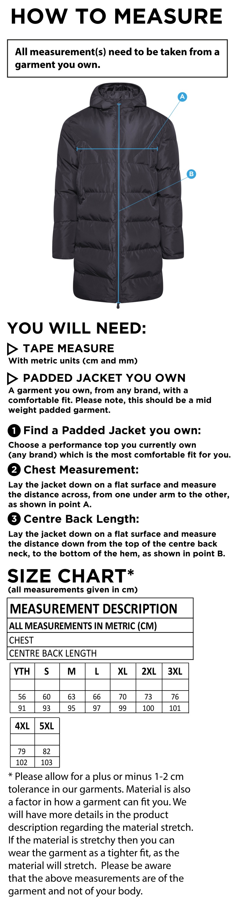 Bar Hill CC - Active Long Padded Jacket - Size Guide