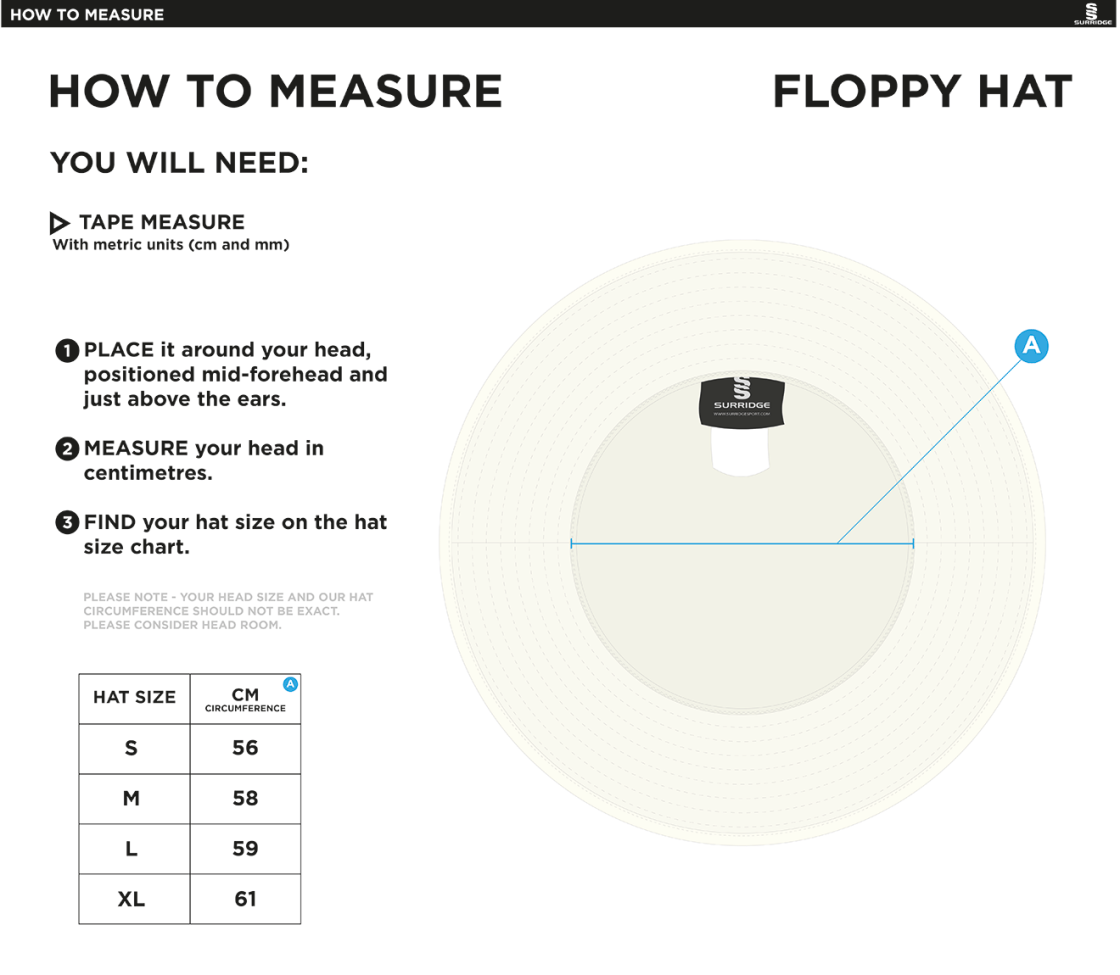 Bar Hill CC - Floppy Sun Hat - Size Guide